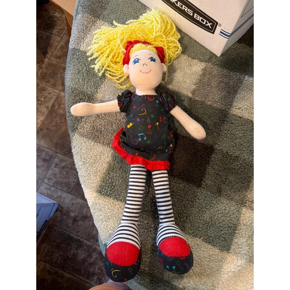 Unimax‎ Rag Doll Yellow Yarn Hair Music Note Dress Striped Legs Plush 16 Inch